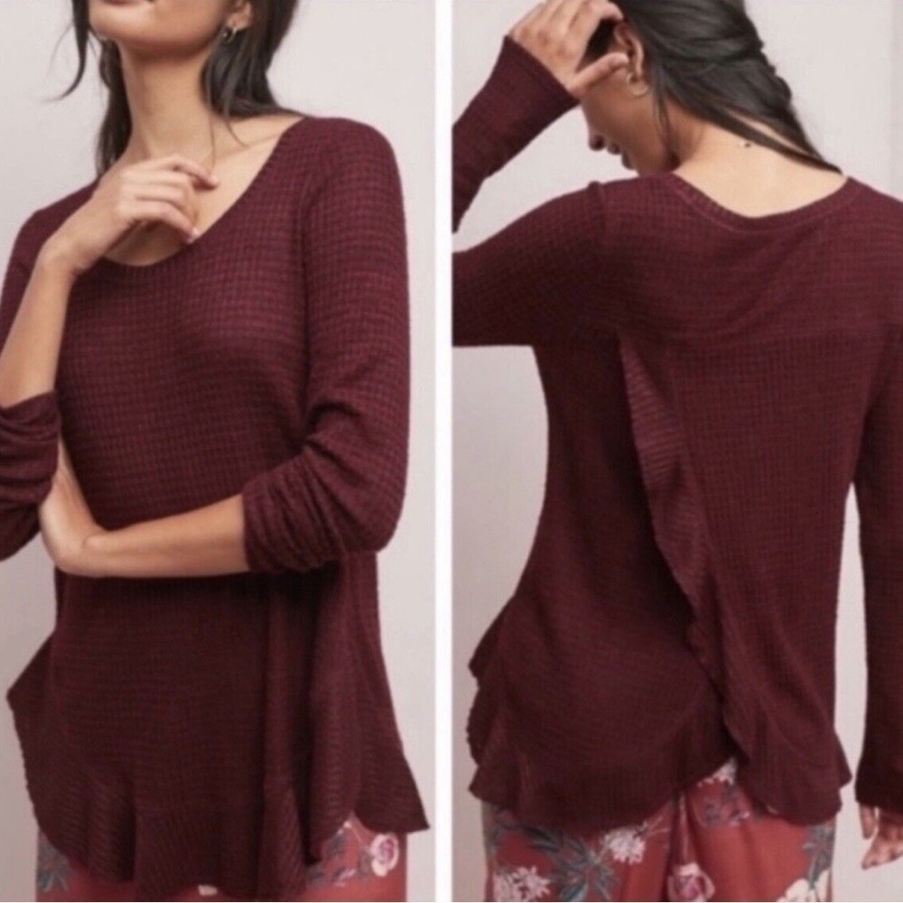 Anthropologie Saturday Sunday Ruffle Back Waffle Knit Long Sleeve Top Maroon